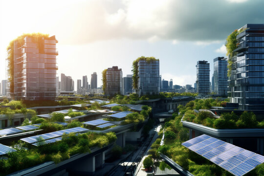 Green city with skyscrapers and green grass. 3d rendering
