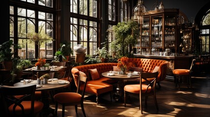 Elegant cafe, dark background, earthy colours. Generative AI