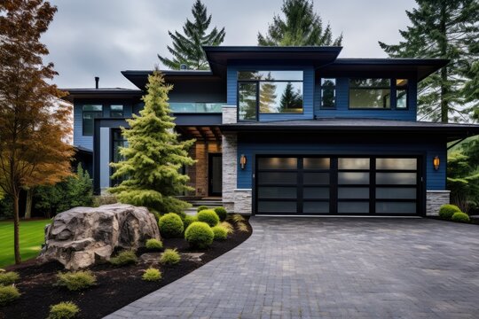 This luxurious recently built residence in Bellevue, Washington offers a modern design and features a two car garage with striking blue siding and a natural stone wall trim. Located in the northwest