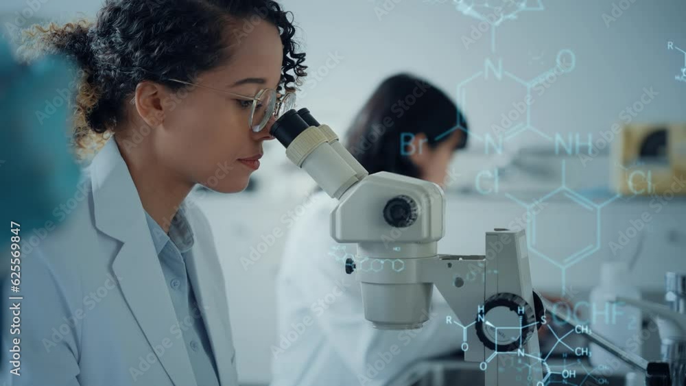 Poster multinational group of scientists experimenting and chemical technology concept. research and develo