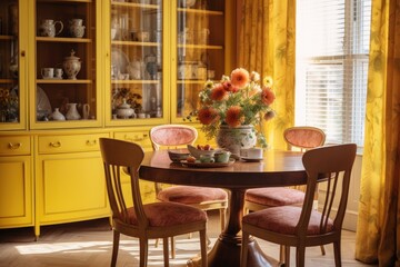 Fototapeta na wymiar The dining room has a feminine style, featuring vibrant chairs placed around a round table. A wooden cupboard is positioned near the window, which is adorned with yellow curtains.