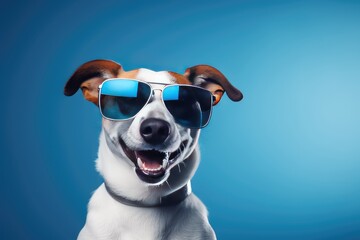 jack russell dog portrait wearing sunglasses on blue background - obrazy, fototapety, plakaty