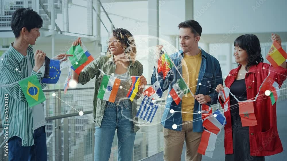 Poster multinational people with all flags and global communication network concept.