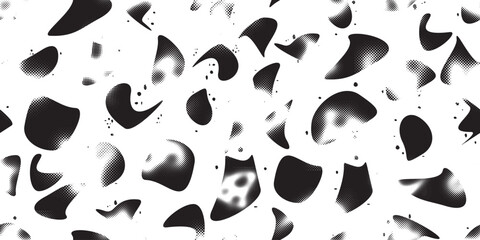 Glitch distorted grungy abstract forms . Blob shape organic seamless pattern texture. Fluid shapes .Grunge textured . Liquid vector shapes with halftone dots .Screen print endless pattern texture