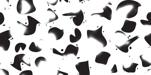 Glitch distorted grungy abstract forms . Blob shape organic seamless pattern texture. Fluid shapes .Grunge textured . Liquid vector shapes with halftone dots .Screen print endless pattern texture