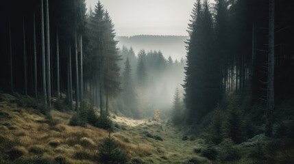 black forest landscape with towering trees and mist in the air.