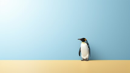 Fototapeta premium Penguin standing in front of a blue background with text space can use for advertising, ads, branding