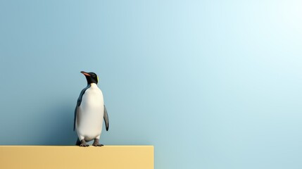 Penguin standing in front of a blue background with text space can use for advertising, ads, branding
