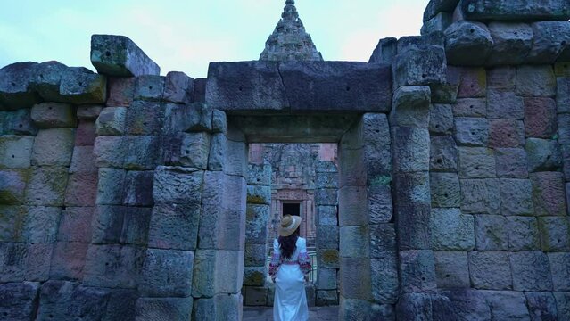 Female tourists visiting Prasat Hin Phanom Rung, Buriram, Thailand