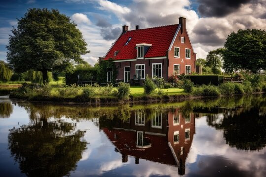 An HDR image showcasing a red brick house situated in the countryside near a lake, with a stunning mirror reflection of the house in the water. This scenic location can be found in Amsterdam, Holland