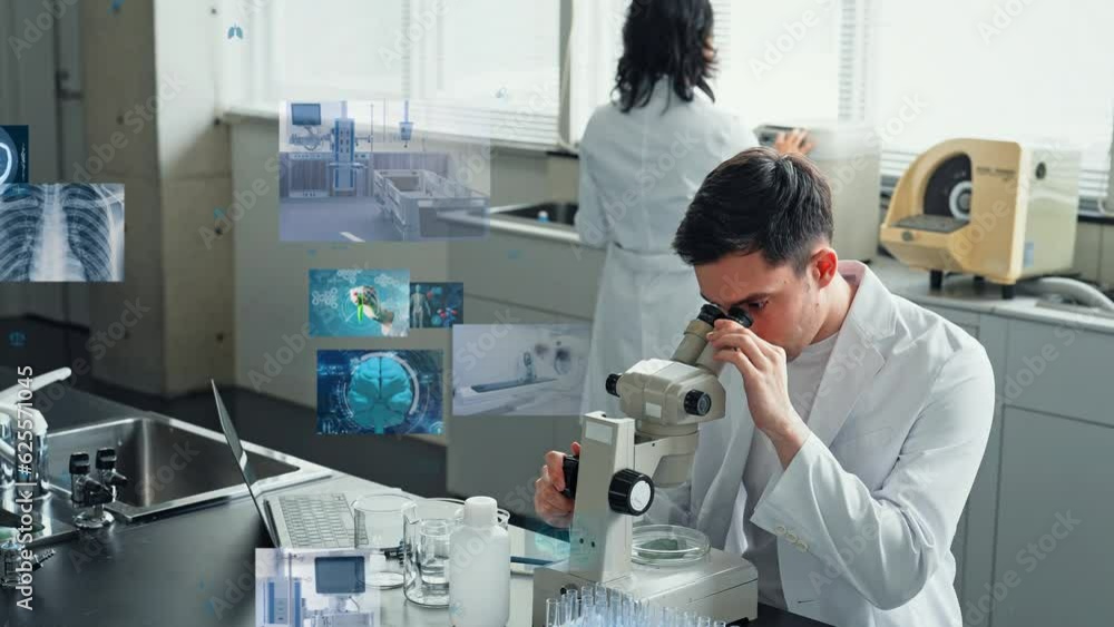Poster multinational group of scientists experimenting and medical technology concept. medtech.