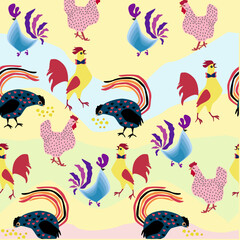 Roosters and hens seamless pattern