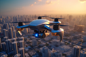 Naklejka na ściany i meble Drone flying over the city at sunset. 3D rendering.