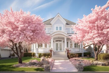 Luxurious houses displaying beautiful white and pink landscapes can be found in suburban areas of North America during the blooming season of Spring Blossom.