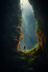 Fototapeta na wymiar Adventurer Gazing into the Breathtaking Abyss from Cliff Crevice AI generated