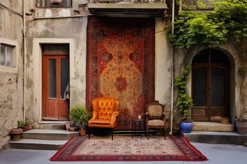 A vibrant Turkish carpet adorns the cozy streets of a home.
