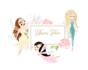 Cards for holiday invitation or birthday with tropical flowers and pixies