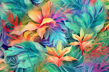 Abstract background of tropical leaves and flowers. 3d rendering, 3d illustration.