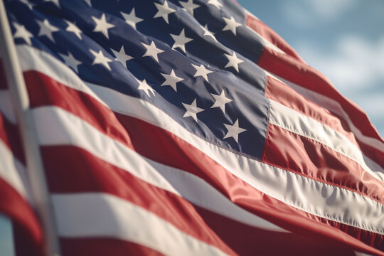 Patriotic Close-up: American Flag Waving in the Wind, Symbolizing USA Independence Day AI generated