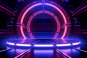 Abstract neon background with round podium. Futuristic style. illustration.