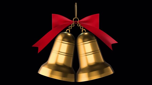 Golden bell with red ribbon ringing on alpha channel background in seamless loop.