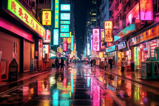 Futuristic Unidentified People Walking On The Street In Hong Kong At Night.