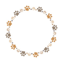 Brown paw circle frame with dog animal footprints