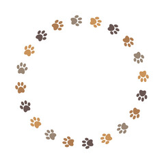 Brown paw circle frame with dog animal footprints