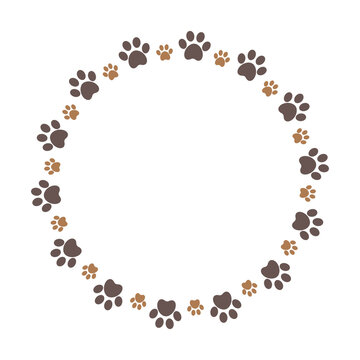 Brown paw circle frame with dog animal footprints