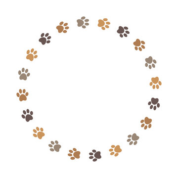 Brown paw circle frame with dog animal footprints