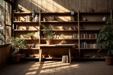 Obraz na płótnie Canvas Alley of bookshelf natural light ray of light wooden read table minimalist 