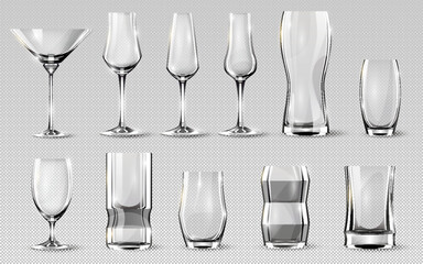 Alcohol glasses set. Transparent empty realistic mockup stemware for different drinks. Vector illustration