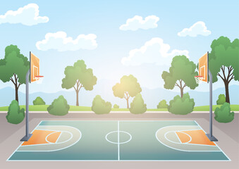 Basketball court. Urban concept landscape with playground, athletic field with backboard, basket and ring. Background with green trees, vector illustration © the8monkey