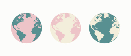 Earth Globe set in different designs. World Map in circle. World Map in modern simple style. Earth Map isolated on white background. Globes web icon. Vector illustration