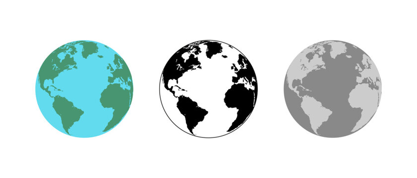 Earth Globe in different designs. World Map in circle. Earth Globes collection. World Map in modern simple styles. Earth Map, isolated on white background. Globes web icon. Vector illustration