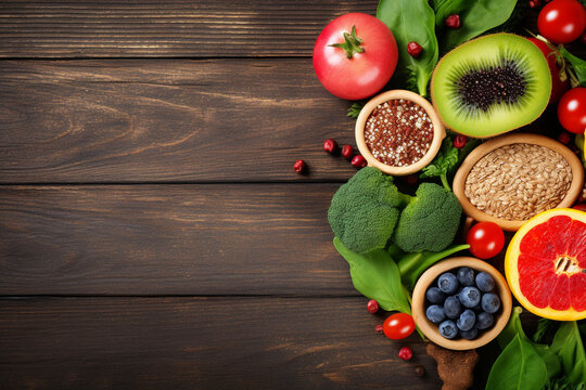 Healthy food clean eating selection, fruit, vegetable, seeds, superfood, cereal, leaf vegetable on wooden background, copy space top view.