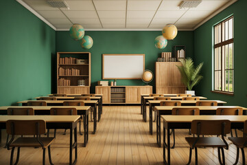 Fototapeta premium Photo classroom interior with school desks chairs and green board empty school classroom 