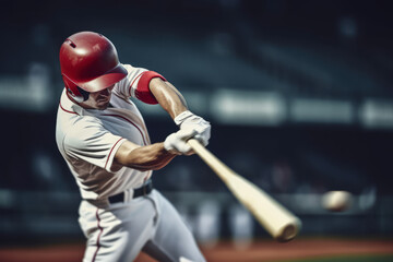 Baseball Player with  Unbranded Sport Clothes for Nondescript Baseball Team, Hitting the Ball with Full Force - obrazy, fototapety, plakaty