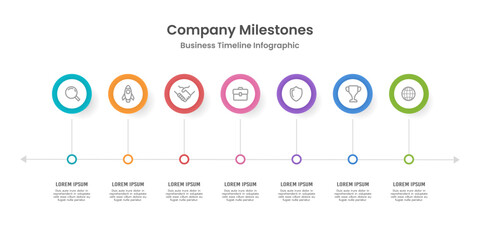 Company milestones. Business timeline infographic 7 steps to success. Business presentation. Vector illustration.