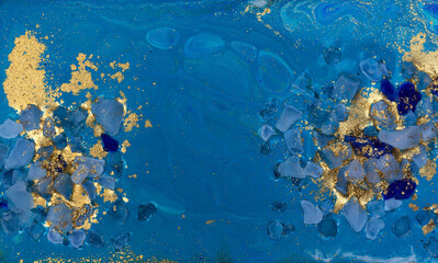 Fototapeta na wymiar Abstract Blue Sea Art with Stones, Gold Sand and Acrylic Paint