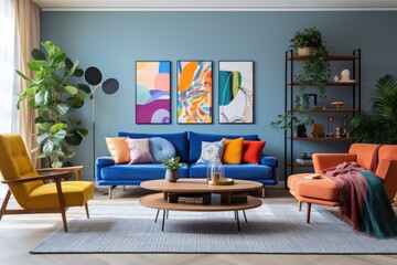 There is a colorful living room with a blue sofa, two armchairs, fresh plants, and a wooden coffee table on a vibrant carpet. On the wall, there is a display of simple posters.
