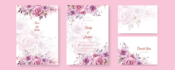 Pink wedding invitation template with floral frame Premium Vector