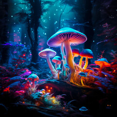 Fototapeta na wymiar Magic psychedelic mushrooms in a fantasy forest with a neon glow
