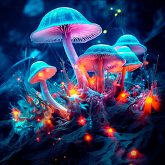 Magic psychedelic mushrooms in a fantasy forest with a neon glow
