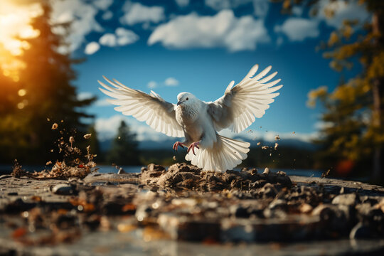White dove flying with spread wings symbolize peace