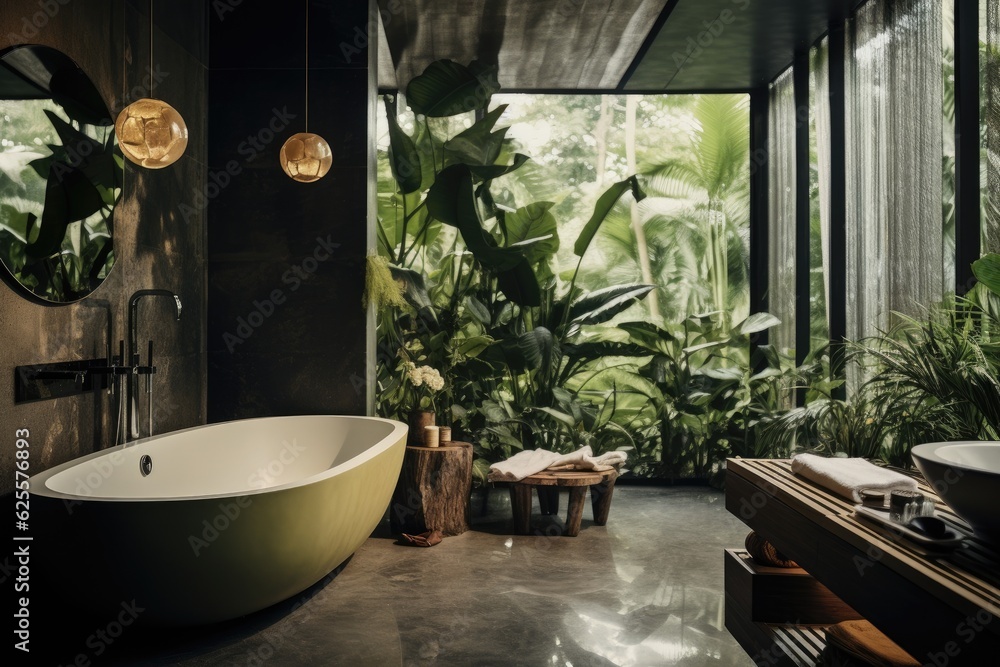 Canvas Prints The bathroom interior is designed in a stylish manner and features a contemporary bathtub along with aesthetically pleasing houseplants, enhancing the overall beauty of the home.