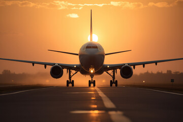 Fototapeta na wymiar A large jetliner taking off from an airport runway at sunset or dawn with the landing gear down and the landing gear down, as the plane is about to take off.