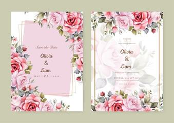 Watercolor wedding invitation template with pink white floral and leaves decoration