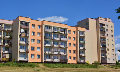 1980's blocks of flats in a housing estate illuminated by sunlight