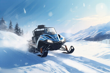 Illustration of a snowmobile on a winter path. Generative AI.